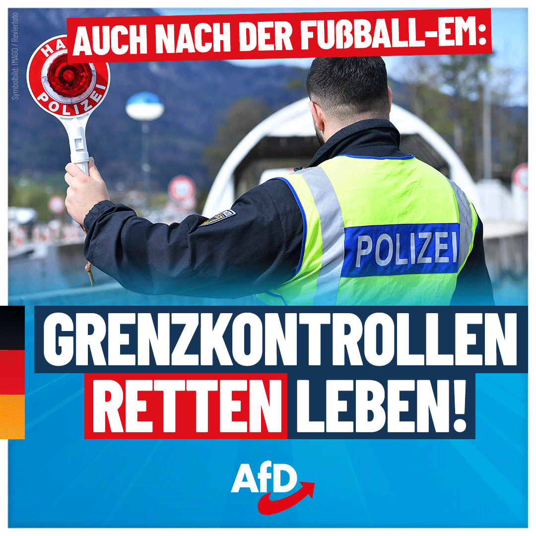 AfD's tweet image. Auch nach der Fußball-EM: #Grenzkontrollen retten Leben!

Man ist nur noch sprachlos über die Verantwortungslosigkeit einer Politikerin, die eigentlich für unsere Sicherheit zuständig ist: Trotz unzähliger #Messerattacken, trotz Terrorgefahr und „#Mocro-Mafia“ hält