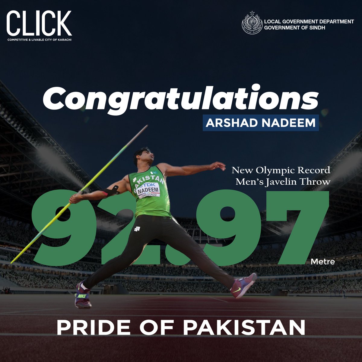 click_2019's tweet photo. CLICK joins the nation in celebrating @ArshadOlympian1  historic gold medal win at the #ParisOlympics2024! Your extraordinary talent, unwavering dedication and hard work are an inspiration to millions. Thank you for this historic victory! Congratulations, champion!
#ArshadNadeem https://t.co/OHCAed5bRt