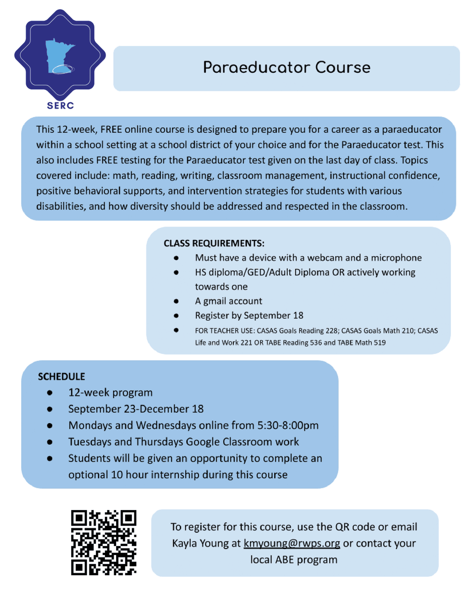 OwatonnaCommEd's tweet photo. Train to become a Paraeducator! This is a free, online, course for Adult Learners and our licensed instructors help you every step of the way! Call us at 507-444-7925 to register!
#OwatonnaCommTogether https://t.co/uRfvy5JM4H