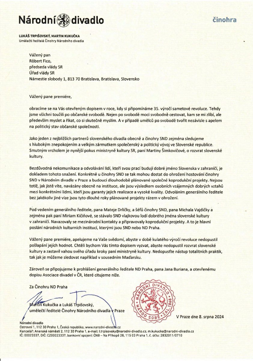 Otevřený dopis uměleckých ředitelů Činohry Národního divadla Lukáše Trpišovského a Martina Kukučky na podporu slovenských umělců…