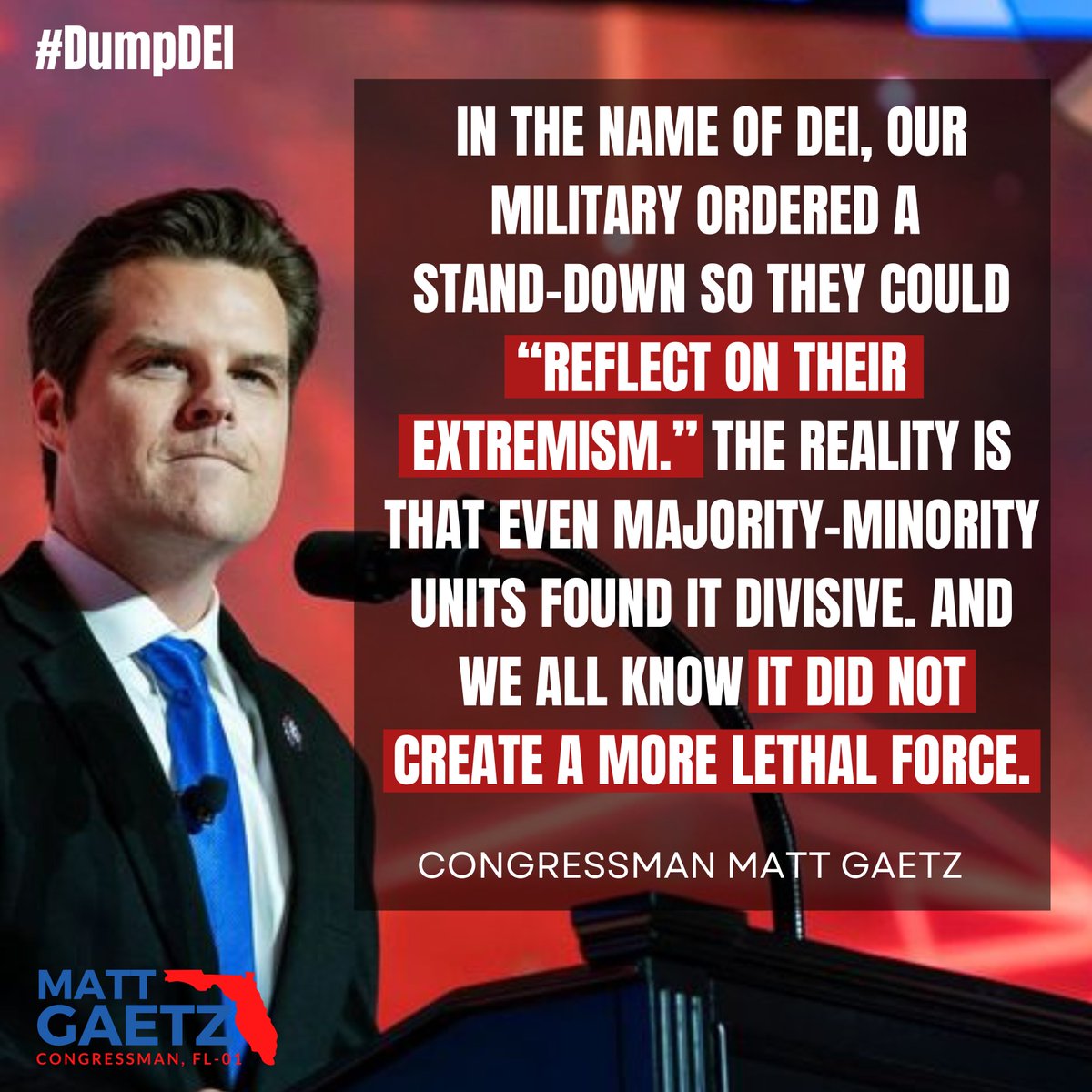 FmrRepMattGaetz's tweet image. In the name of DEI, our military ordered a stand-down so they could “reflect on their extremism.” 

The reality is that even majority-minority units found it divisive.

And we all know it did NOT create a more lethal force.

#DumpDEI