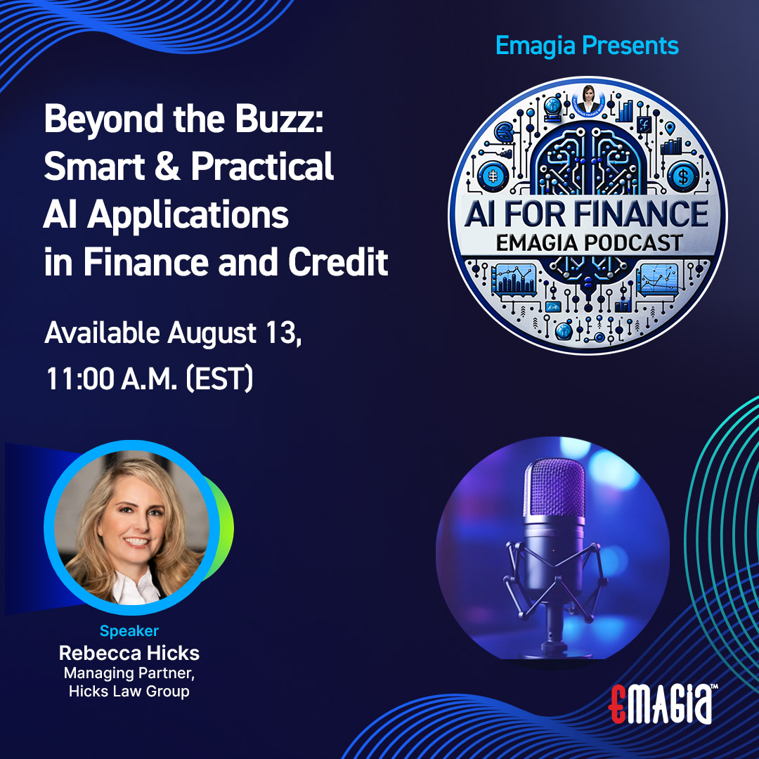 EmagiaCorp's tweet image. The Emagia AI For Finance podcast returns to our website, Apple, Spotify, and YouTube this Tuesday at 11 a.m. (Eastern Time) with Rebecca Hicks, managing partner of Hicks Law Group. emagia.com/ai-for-finance… #OrderToCash #O2C #AI #ChatGPT #autonomousfinance #podcast #GenerativeAI