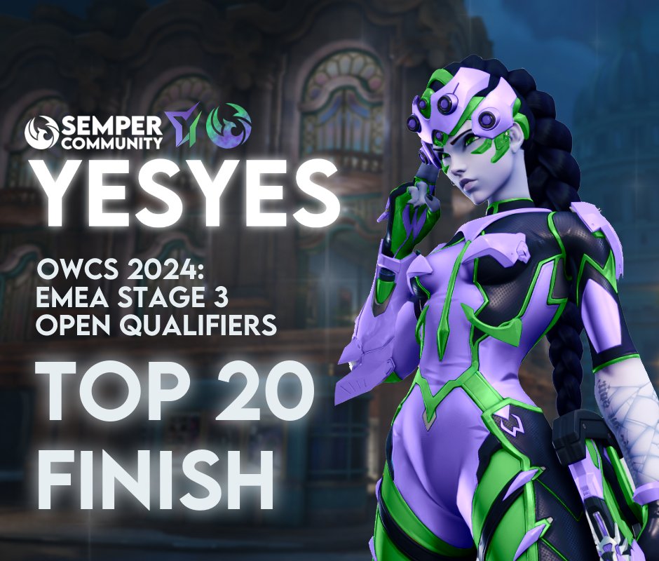 Congratulations to our Team Semper YesYes for securing 20th place in the #OWCS #EMEA Open Qualifiers Stage 3! 🏆🎉

Incredible work by: 
🛡️ <a href="/mappsy01/">Mappsy</a> 
🔫 @potinounou 
🔫 <a href="/SkizGravity/">Sкız</a> 
💉 #Mojo 
💉 <a href="/Esplay10/">Esplay</a>

💼<a href="/toastyemily/">ToastyEmily</a>

So proud of you all! 💜 #Overwatch2