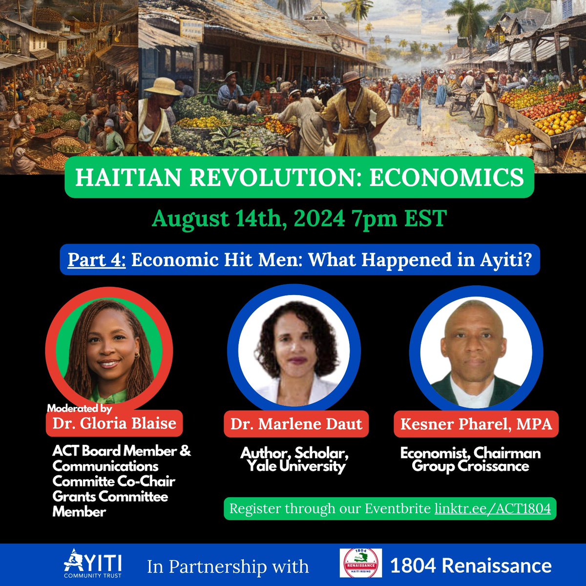 This session of our Narrative and Economics webinar series will delve into the historical and detrimental economic interventions by colonial and foreign powers, and their long-term impacts on Ayiti. 

Register for the series at Eventbrite via linktr.ee/ACT1804.