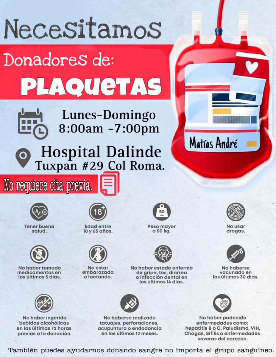 cez1713's tweet photo. Se buscan  donadores de plaquetas o Sangre tú ayuda es muy importante 

Ayuda es para un menor de 6 años
#donaciónplaquetas #Ayuda #apoyo #CDMX #Cancer #donasangre #Felizlunes #Paris2024 https://t.co/8f3AYeffxb