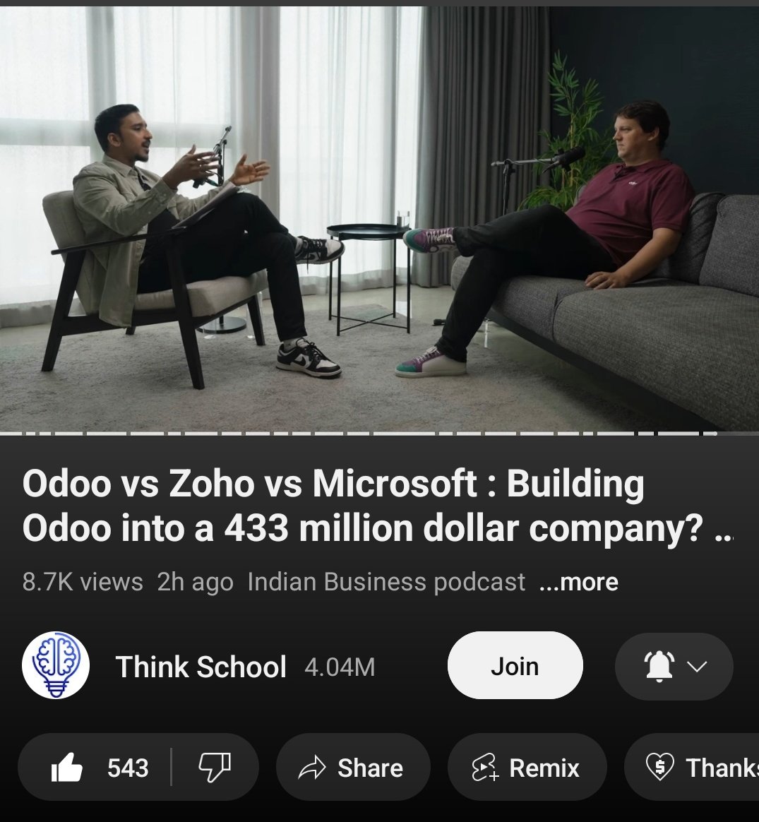 Just Watched this Podcast by <a href="/thinkschoolbot/">Think School</a>
It gave me a perspective of India from the outside world. India is really the biggest opportunity for many businesses. 
<a href="/fpodoo/">Fabien Pinckaers</a> Fabien Pinckaers founder of <a href="/Odoo/">Odoo</a> is a very optimistic and sweet guy.
Thank you <a href="/Ganeshprasad999/">Ganeshprasad</a>