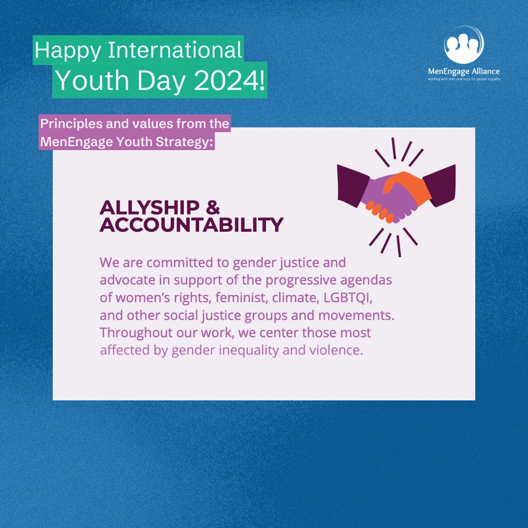 MenEngage's tweet photo. 📣 This International Youth Day (#IYD) we join in the call for “Nothing for young people, without young people!”

Young people are at the forefront of building a more just and equitable world &amp; as an Alliance we trust in their potential &amp; vision. https://t.co/wkdfcKzT82