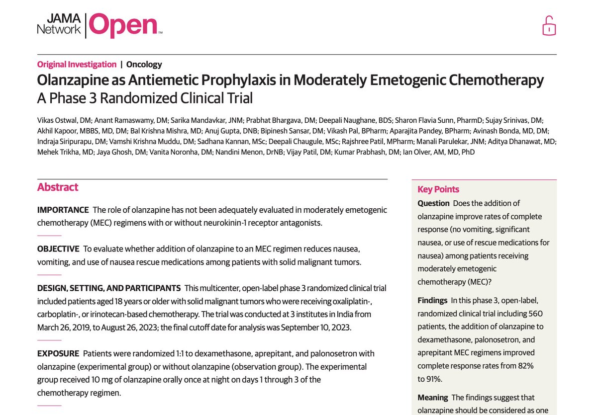 MASCC (@cancercaremascc) on Twitter photo We’re pleased to share this new study from <a href="/VikasO/">Prof Vikas Ostwal</a> and colleagues that was supported by an IASCC clinical trial grant:
Olanzapine as Antiemetic Prophylaxis in Moderately Emetogenic Chemotherapy: A Phase 3 Randomized Clinical Trial
jamanetwork.com/journals/jaman…
#SuppOnc We’re pleased to share this new study from <a href="/VikasO/">Prof Vikas Ostwal</a> and colleagues that was supported by an IASCC clinical trial grant:
Olanzapine as Antiemetic Prophylaxis in Moderately Emetogenic Chemotherapy: A Phase 3 Randomized Clinical Trial
jamanetwork.com/journals/jaman…
#SuppOnc