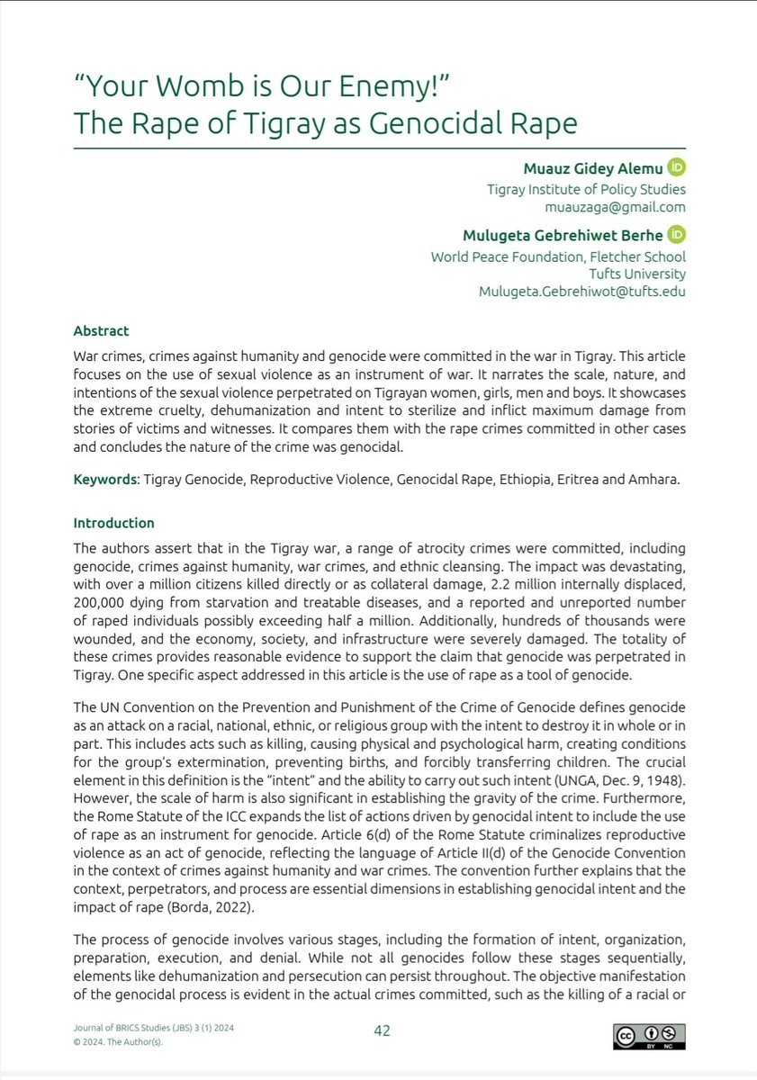 batseba_Tigray's tweet photo. A research on weaponized rape in Tigray by Dr. Mulugeta Gebrehiwot (Chaltu) and Muez Gidey entitled  “Your Womb is Our Enemy!” 
The Rape of Tigray as Genocidal Rape, published in the Journal of BRICS Studies. 1 https://t.co/FCijVBrmN4