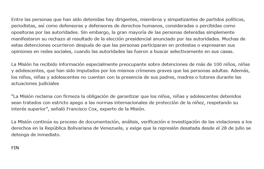 🔴 La Misión de Determinación de los Hechos de #Venezuela exige el cese de la represión que está conmocionando el país desde la celebración de la elección presidencial e investigar a fondo la avalancha de graves violaciones a los derechos humanos que están ocurriendo