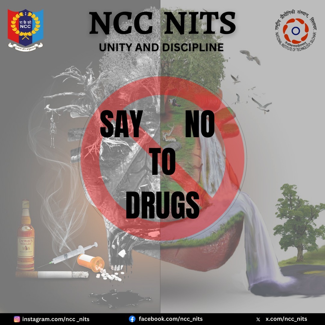 nccner's tweet photo. As part of *Naya Savera campaign*, Cadets of NIT Silchar from 3 Assam Bn NCC Silchar organised *Nasha Mukt Bharat Abhiyaan* with theme of *Viksit Bharat ka Mantra, Bharat ho Nashe se Swatantra*. They conducted an awareness lecture & took a mass "Pledge" against Drug Abuse on 12 Aug 2024. Director, Dean, Lt Rama K Rao, ANO, NCC Cadets & students actively participated in this nobel drive.
