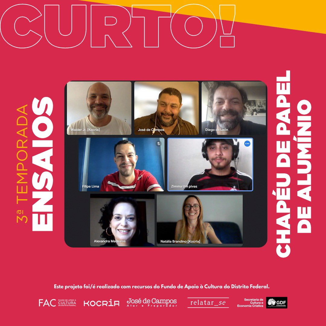Chapéu de Papel Alumínio 🎩🖖 iniciou o processo de ensaios com o autor e diretor Zimma, equipe e parte do elenco da terceira temporada do curto!. 
Realização: José de Campos / Kocria Audiovisual
 Acessibilidade: Relatar_se 
Apoio: FAC-DF /@sececdf