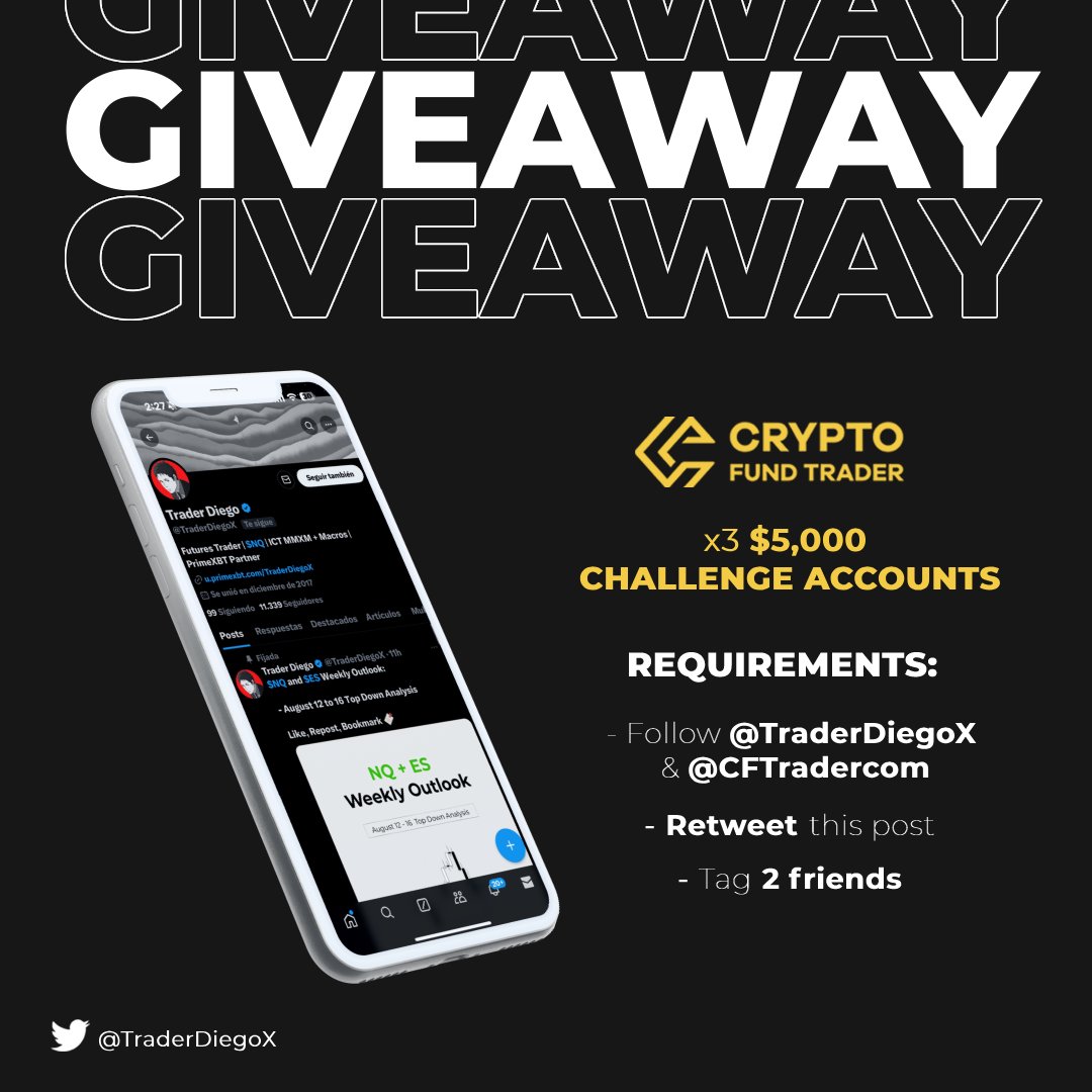 🚨CFT GIVEAWAY!

3 X $5,000 Challenge Accounts Giveaway

To participate:

1⃣ Follow <a href="/CFTradercom/">Crypto Fund Trader</a> &amp; <a href="/TraderDiegoX/">Trader Diego</a>
2⃣ Like &amp; RT This Post  
3⃣ Tag 2 Friends