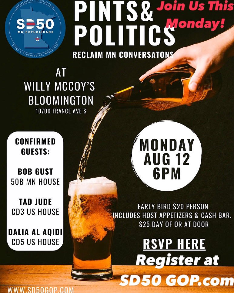 SD50MNGOP's tweet photo. See you tonight!
Register at https://t.co/7UQO4wyByP events tab or just show up!
@VoteBobGust @TadJude_MN03 @Dalia4Congress @Liondale4mn @JohnNagel46A @kimrichformn @Highway_30 @GOPMNCD3 @MNCD5GOP @mngop @realakkamara @TrumpCampaignHQ @WillyMcCoys #BloomingtonMN #Edina #SD50GOP https://t.co/teORkaDdx9