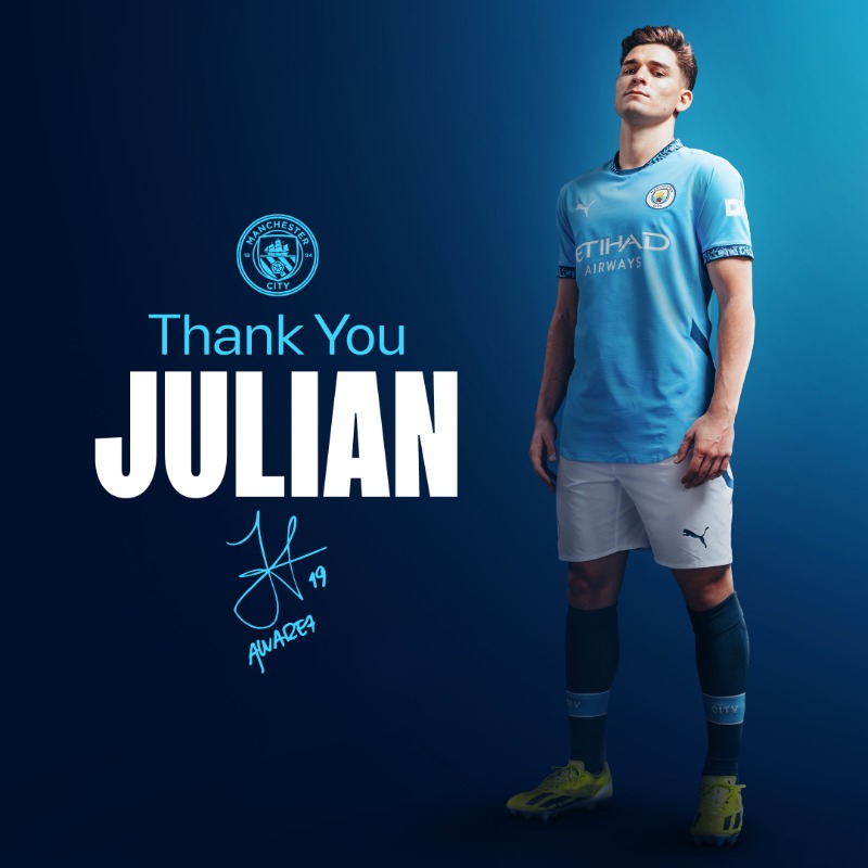 ManCity's tweet photo. We can confirm Julian Alvarez has joined Atletico Madrid on a permanent deal.
Wishing you all the best, Julian ๐ฉต