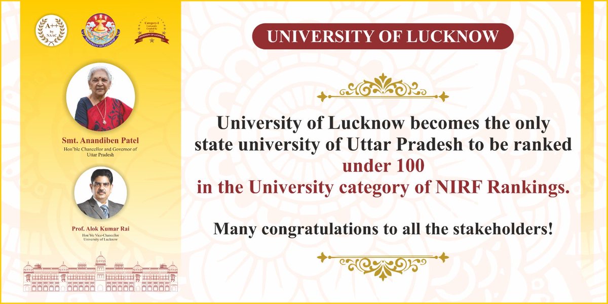 chhachhar_varun's tweet photo. It is matter of great happiness for @lkouniv that it has secured 97th place in universities of the country in #NIRFRanking2024 . It is also a matter of great pride that @faculty_lucknow secured 23rd rank in #NIRFRanking.kudos ⁦to @profalokkumar⁩ for this great achievement. https://t.co/HR2WuujuKH