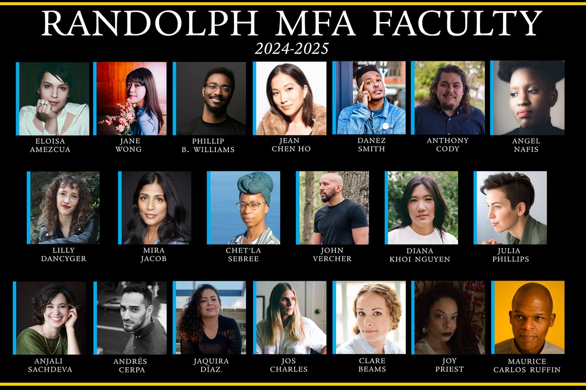 The next <a href="/randolphmfa/">Randolph College MFA</a> application deadline is three weeks out--Sept 1st. All applicants are considered for scholarships and fellowships. Assembled below: the Randolph MFA 2024-2025 roster of faculty.  Apply by 9/1!

More info: randolphcollege.edu/mfa-cw/
