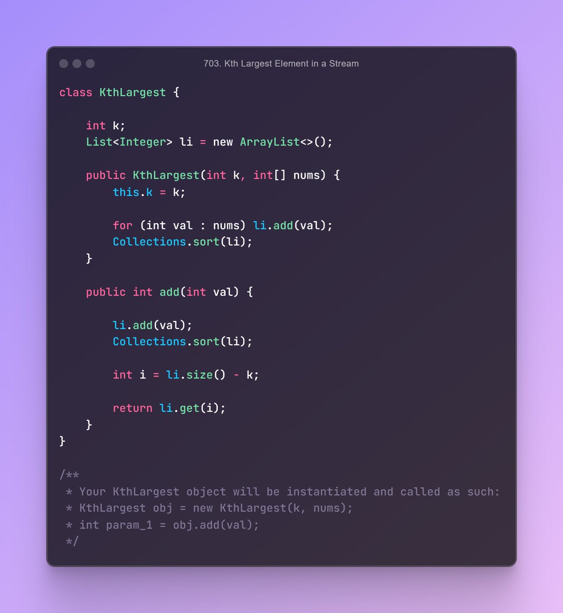 _Sanjay__kumar_'s tweet photo. // August 12, 2024, Monday  
// 703. Kth Largest Element in a Stream
#leetcode #Coding_Sanjay #Java #daily_problem https://t.co/SuxYLlMr92