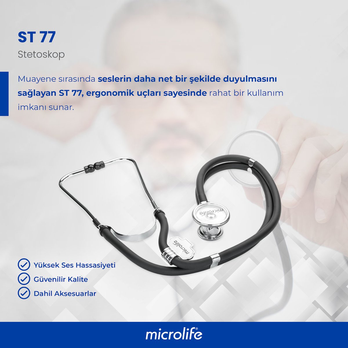 microlifetr's tweet image. Microlife ST77 Profesyonel Steteskop; alüminyum çan, ayarlanabilir krom kaplama, yumuşak kulaklıklar ile kullanıcı deneyimini ve konforunu en üst düzeye çıkarmaktadır. Çift taraflı akustik dağılıma sahiptir.

#microlife #microlifetürkiye #st77 #steteskop