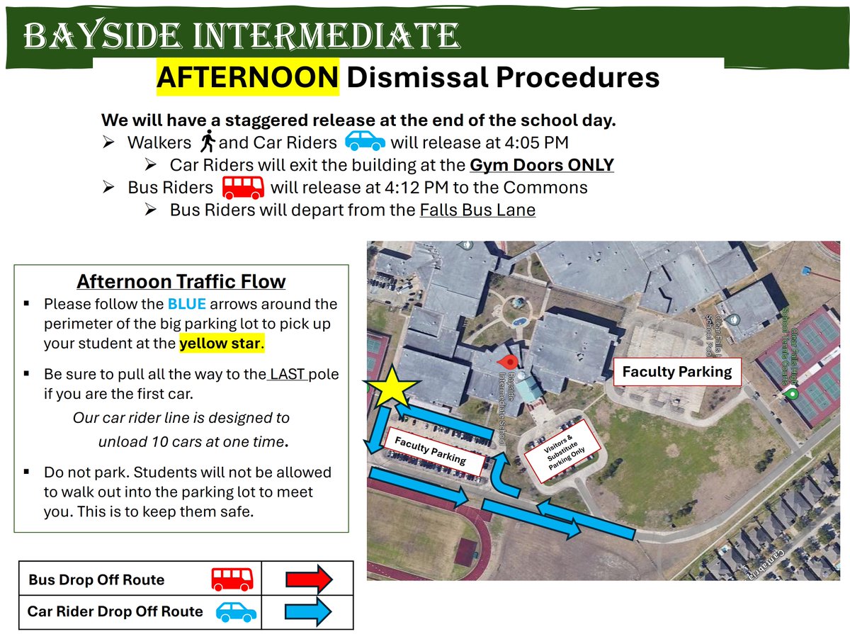 Did you know there are new drop-off and pick-up procedures for the 2024-2025 school year? See the maps below for the new car rider drop-off and pick-up routes. Check your email from 8/9/24 for more detailed information.