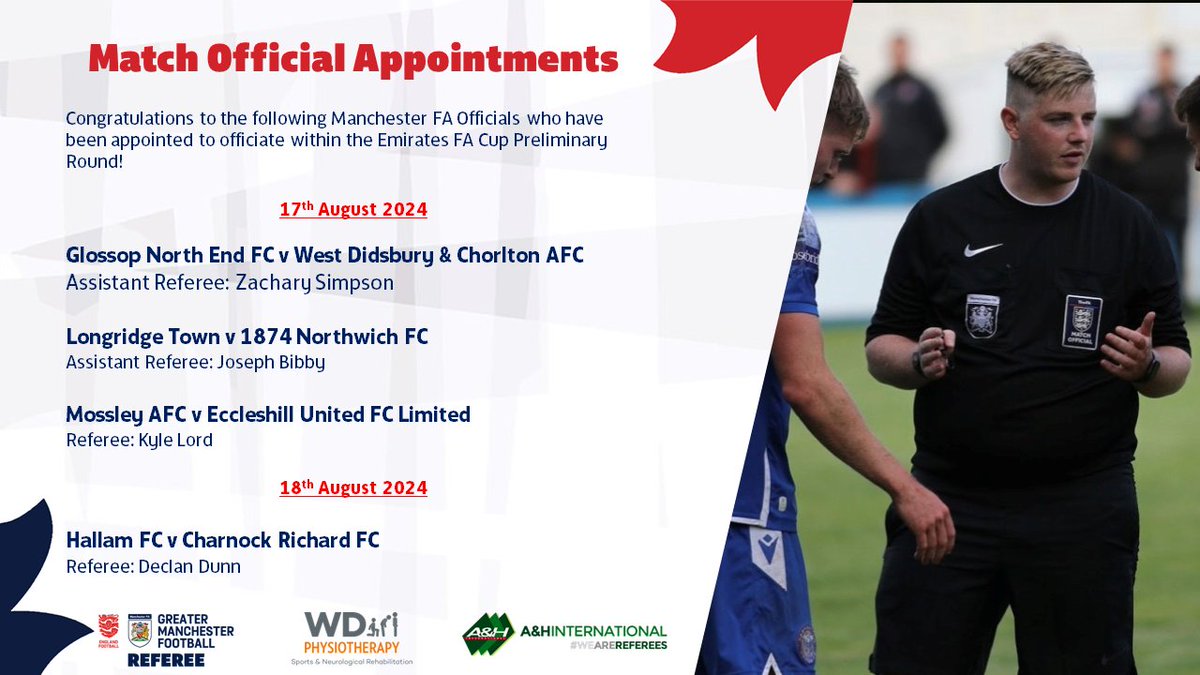 REFEREE APPOINTMENTS | ⚽️

Congratulations to the following Manchester FA Match Officials who have been appointed to the Emirates FA Cup Preliminary Round!
