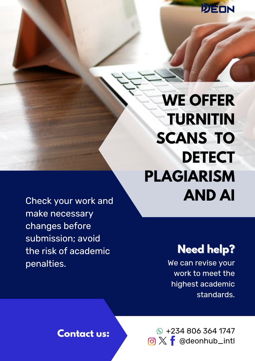 Deonhub_intl's tweet photo. Don't be caught off guard; double-check your academic work to avoid extra expenses and penalties later.
Take advantage of our current offer as one payment entitles you to one rescan.
Send us a direct message or follow the link:
https://t.co/wBseUKg3RT
#turnitin #plagscan https://t.co/adaEiyH4iz