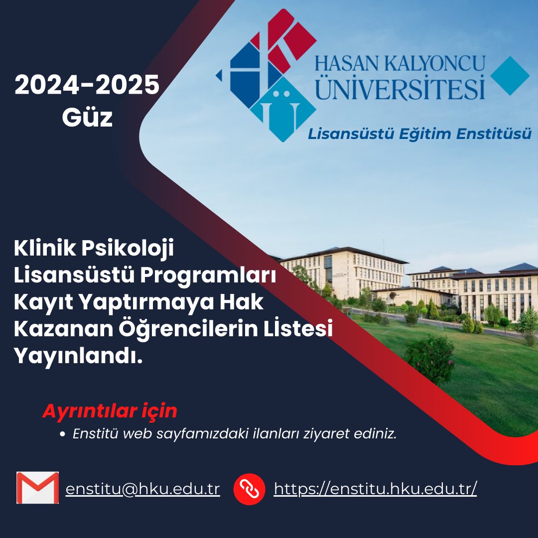 2024-2025 Güz Dönemi Klinik Psikoloji Lisansüstü Programları için Kayıt Yaptırmaya Hak Kazanan Öğrencilerin Listesi Yayınlanmıştır. enstitu.hku.edu.tr/ilanlar/lisans…