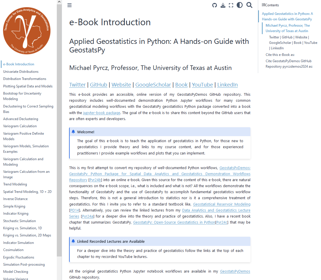 GeostatsGuy's tweet photo. Last week, I added four new chapters to my recently released e-book, "Applied Geostatistics [and #Spatial #DataAnalytics] in #Python."

Having written a traditional book before, I find there's something uniquely rewarding about offering a "living document". This e-book is regularly updated and seamlessly integrated with my other educational resources, including #YouTube lectures and Python demonstration workflows on #GitHub.

It's open to all—explore it here: https://t.co/k9WQGX0jAM ∀. #DataScience