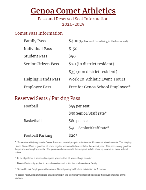 GenoaSports's tweet photo. Today is Comet Kickoff Day! Stop by the Middle School Cafeteria between 12:00pm and 7:00pm!
💁♂️Helping Hands Signup
🎟️Athletic Passes
💺Reserved Seats
#cometevents https://t.co/oDOD05Pq1g