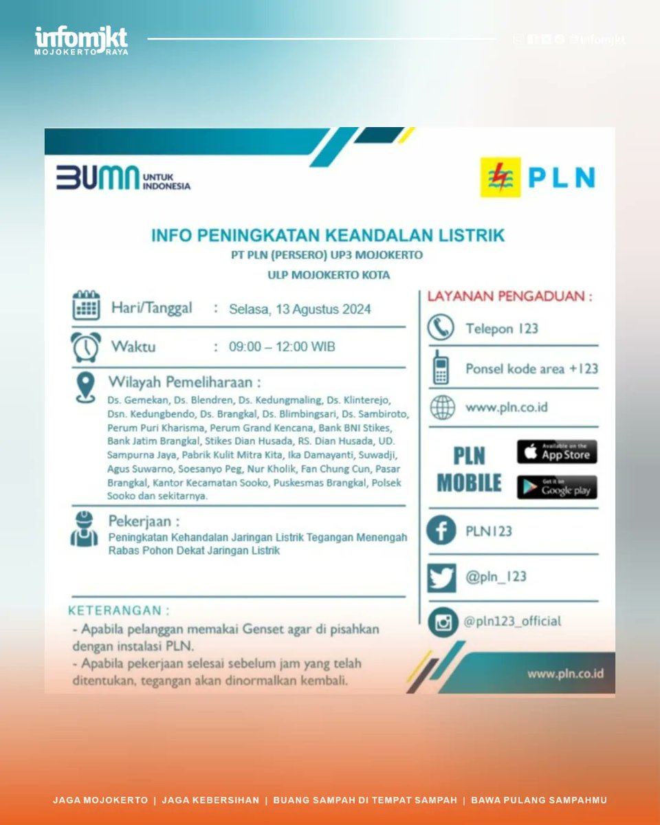 infomjkt's tweet photo. PEMADAMAN LISTRIK DAN PEMELIHARAAN JARINGAN. 

Selasa, 13 Agustus 2024.

09.00 - 12.00 WIB (SOOKO sebagian).
08.00 - 15.00 WIB (MOJOSARI sebagian).

Detail lokasi dan durasi lihat poster!

#infomjkt #infomojokerto #kotamojokerto #kabupatenmojokerto #PLNmojokerto #sooko #mojosari https://t.co/EiYSt4NQdV