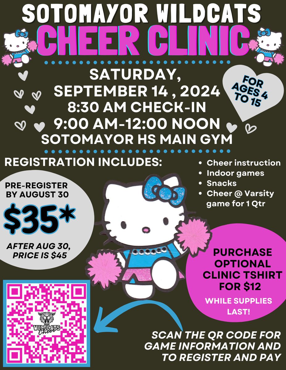It’s early registration time!!! We can’t wait to have you join us at our upcoming cheer clinic!!! <a href="/NISDSotomayor/">Sotomayor High School</a> <a href="/WildcatsDen_SA/">Sotomayor Wildcats Den</a> <a href="/SotomayorPTSA/">Sotomayor PTSA</a>