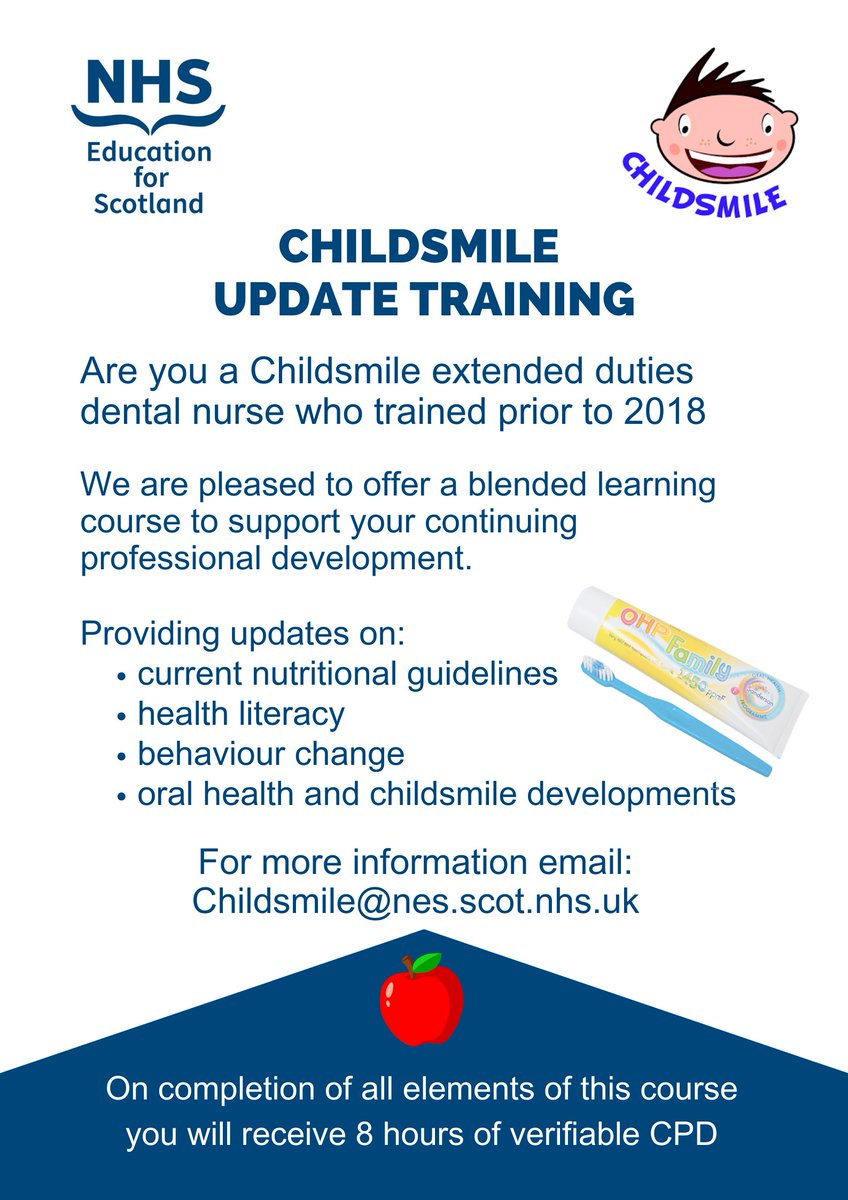 NES Dental (@nesdental) on Twitter photo Brush up your knowledge around <a href="/NHSChildsmile/">Childsmile</a>. NES have a two-module online course. Please follow the instructions to register your interest and we can let you know when a place becomes available. You can access more information here:
learn.nes.nhs.scot/60027 Brush up your knowledge around <a href="/NHSChildsmile/">Childsmile</a>. NES have a two-module online course. Please follow the instructions to register your interest and we can let you know when a place becomes available. You can access more information here:
learn.nes.nhs.scot/60027