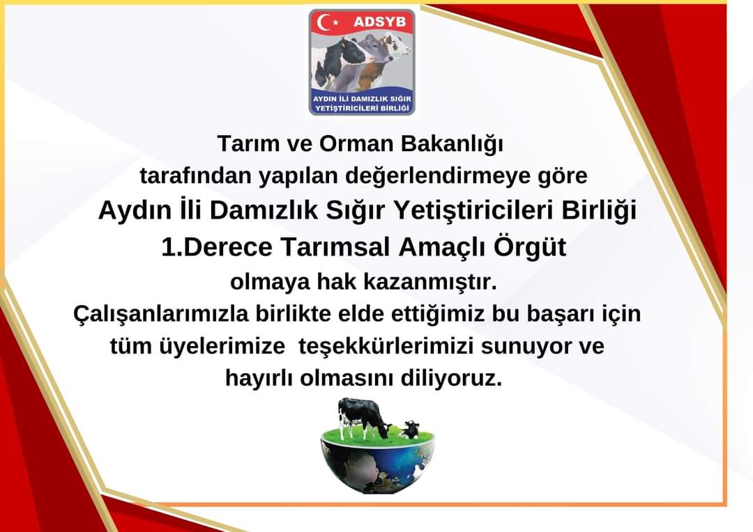 Tarım ve Orman Bakanlığı tarafından yapılan değerlendirme sonucunda, Birliğimiz 1. Derece Tarımsal Amaçlı Örgüt olmaya hak kazanmıştır! <a href="/TCTarim/">T.C. Tarım ve Orman Bakanlığı</a> #AYDIN #hayvancılık #tarım #birlik #ADSYB