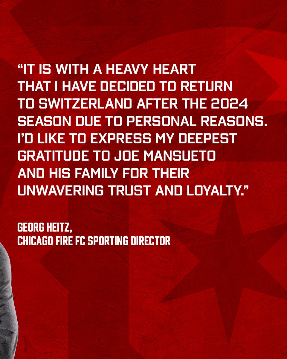ChicagoFire's tweet photo. Sporting Director Georg Heitz today announced that he will depart the Club following the conclusion of the Fire’s 2024 MLS season for personal reasons. https://t.co/LSZYXHcOj1