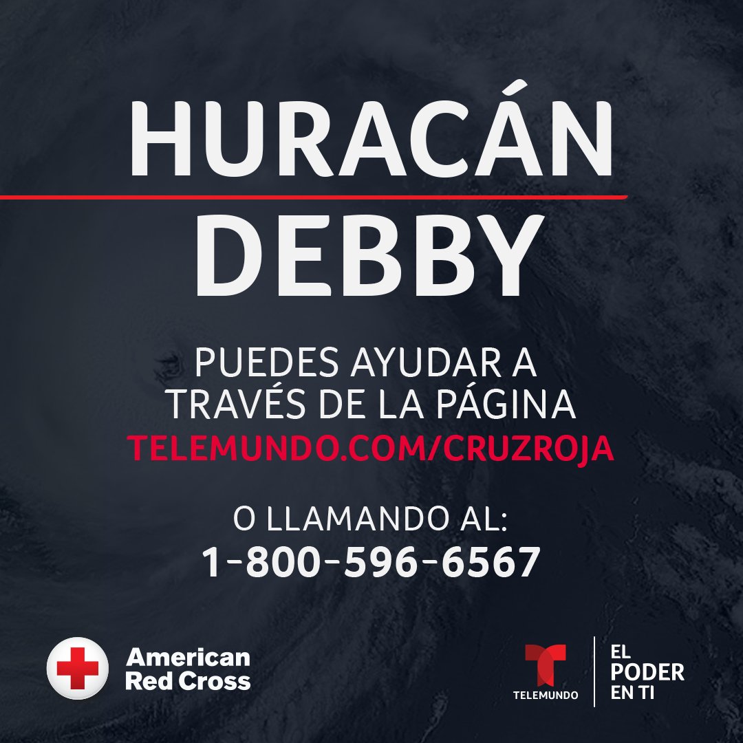 Telemundo's tweet image. 🚨 ¡Telemundo se une a la Cruz Roja! 
Es hora de ayudar a las víctimas por el paso del huracán Debby, dona en 👉Telemundo.com/cruzroja o llama al 1800-596-6567. 
Tu apoyo hace la diferencia 

#ElPoderEnTi