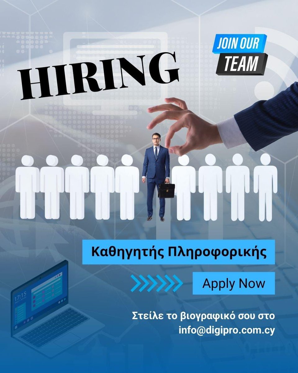digiprocc's tweet image. Οι ενδιαφερόμενοι μπορούν να προωθήσουν τα βιογραφικά τους σημειώματα στο info@digipro.com.cy, φροντίζοντας να συμπεριλάβουν τον κωδικό αναφοράς TEA24 στην αίτησή τους.
#hiring #teacher #it #edtech #jobs #cyprusjobs #paphos #cyprus