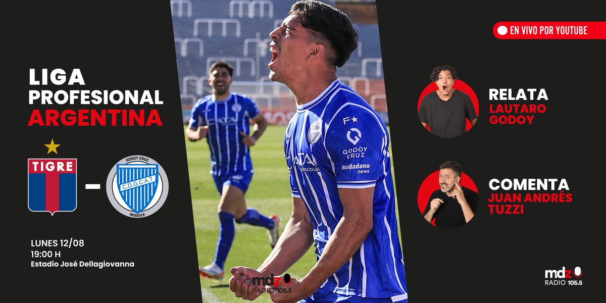 🗣 Hoy a las 19:00h, escuchá la transmisión en vivo del partido de GODOY CRUZ visitando a TIGRE por la décima fecha de la Liga Profesional.

🎙Relata <a href="/lautingodoy/">Lautaro Godoy</a>, comenta <a href="/juan_tuzzi/">Juan Andrés Tuzzi</a> y toda la información del deporte, desde los estudios con <a href="/CristianGMolina/">Cristian Molina</a>

¡No te lo pierdas!
