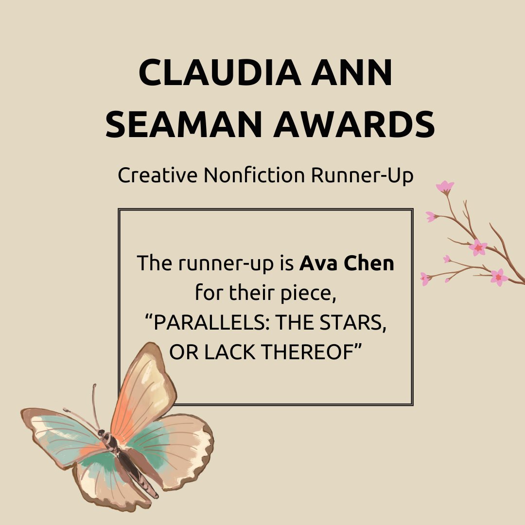 polyphonylit's tweet image. Announcing the winners of our 2024 Claudia Ann Seaman Awards! This year's CNF winner is Elsa Lyons and the runner-up is Ava Chen. Thank you SO much judge Nicole Chung for lending us your expertise. CONGRATULATIONS ALL! Check back in a few days for the winners in fiction...
