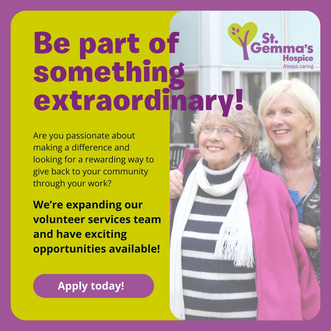 stgemmashospice's tweet photo. We’re expanding our volunteer services team &amp; have exciting 2 opportunities available:

1️⃣ Volunteer Services Coordinator - https://t.co/30f9LE4wIA
2️⃣ Volunteer Services Administrator - https://t.co/xzmvWuj8q4

#StGemmasHospice #JoinOurTeam #MakeADifference https://t.co/h50f8xXhV7