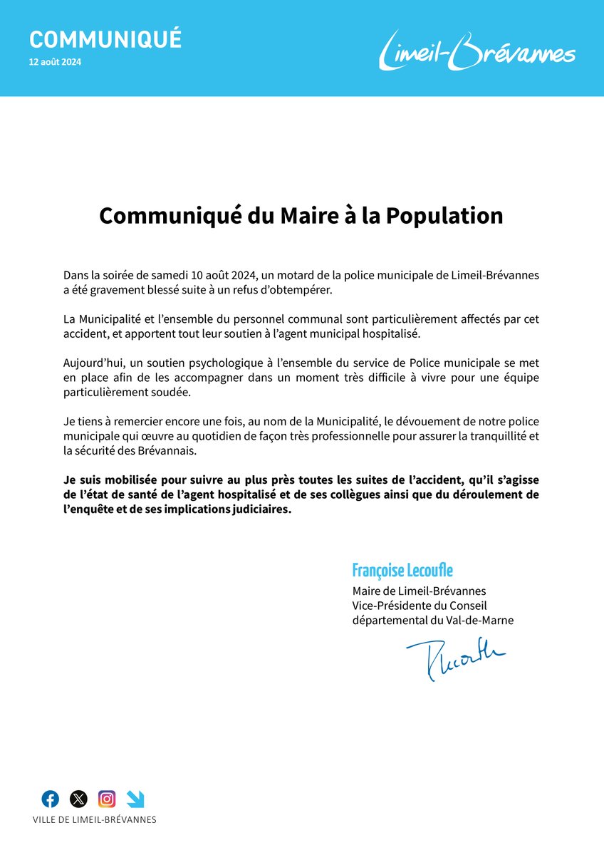 Je suis mobilisée pour suivre au plus près toutes les suites de l’accident, qu’il s’agisse de l’état de santé de l’agent hospitalisé et de ses collègues ainsi que du déroulement de l’enquête et de ses implications judiciaires. #LimeilBrévannes #ValDeMarne #PoliceMunicipale