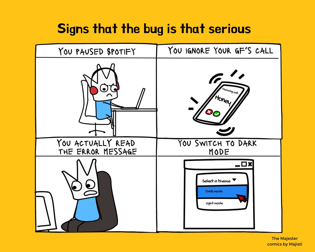 the_majester's tweet image. And you switch career to wood working because the only bug you need to take care of is termites.😂

#programmingmeme #programmingjoke #comics