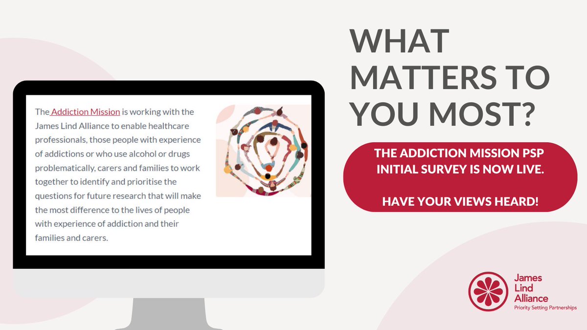 James Lind Alliance (@lindalliance) on Twitter photo The Addiction Mission PSP has officially launched their initial survey!
You can influence the future of #Addictions research. Have your say in what research would improve quality of life for people with addiction and their families: surveymonkey.com/r/WHK29XH
<a href="/UK_Life_Science/">Office for Life Sciences</a> The Addiction Mission PSP has officially launched their initial survey!
You can influence the future of #Addictions research. Have your say in what research would improve quality of life for people with addiction and their families: surveymonkey.com/r/WHK29XH
<a href="/UK_Life_Science/">Office for Life Sciences</a>