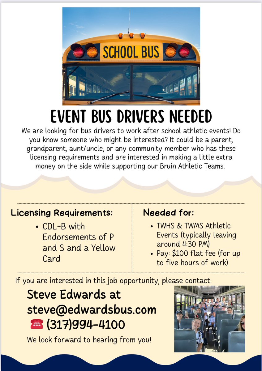 🚨DRIVERS NEEDED🚨Contact Edwards Bus Co. if you or someone you know meets the requirements listed below and would like to help us out!