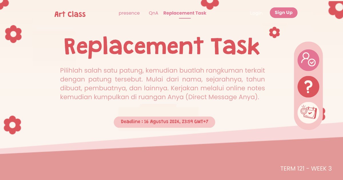 anyartclass's tweet photo. ㅤㅤ

📝·˚ ༘  ⋮ 𝗥𝗘𝗣𝗟𝗔𝗖𝗘𝗠𝗘𝗡𝗧 𝗧𝗔𝗦𝗞.

Selamat malam kakak! Mohon maaf karena Miss Nyx berhalangan mengajar hari ini, berikut adalah tugas pengganti hari ini! Jika ada pertanyaan silahkan hubungi Anya, ya! 🥰✨

Cc; @glorymoroi @forzdhampir
ㅤㅤ
ㅤㅤ https://t.co/2LwiOY5ZdQ