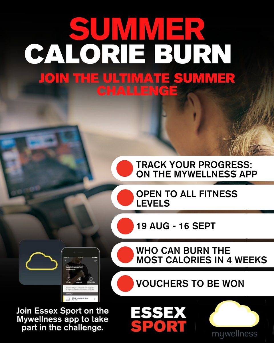 Are you ready to take on a summer challenge? ☀️💪

Join the Summer Calorie Burn and compete over 4 weeks to see how many calories you can burn. 

Sign up now and track your progress on the MyWellness App to climb the Essex Sport Leaderboard.

#EssexSport
