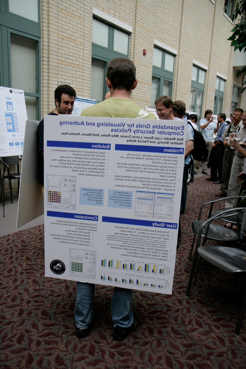 SOUPSConference's tweet image. At SOUPS 2008 (held @carnegiemellon @cylab) @moduloprime and @v0max pioneered the wearable poster concept. Both a fashion statement and a practical way to stand near your poster and the food at the same time, sadly this concept never took off.