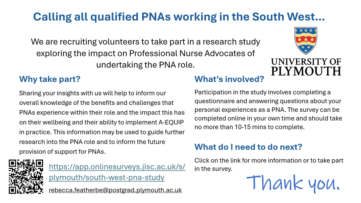There's still time to take part in some exciting research. This is a fabulous opportunity to share your experiences and voice as a PNA...
Click on the link for more info:
app.onlinesurveys.jisc.ac.uk/s/plymouth/sou… 
#PNA #Professionalnurseadvocate #AEQUIP #RCS