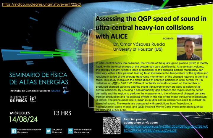 icnunam's tweet photo. #FelizLunes 

Este miércoles el doctor Omar Vazquez Rueda, de la Universidad de Houston,  hablará de sus últimos resultados en el @ALICEexperiment  #ALICE, relacionados con medir la velocidad del sonido en el #QGP.

Detalles: https://t.co/hcifEiUZ4I 
▶️ https://t.co/GWRWlns1As https://t.co/87Gh0DRhvH