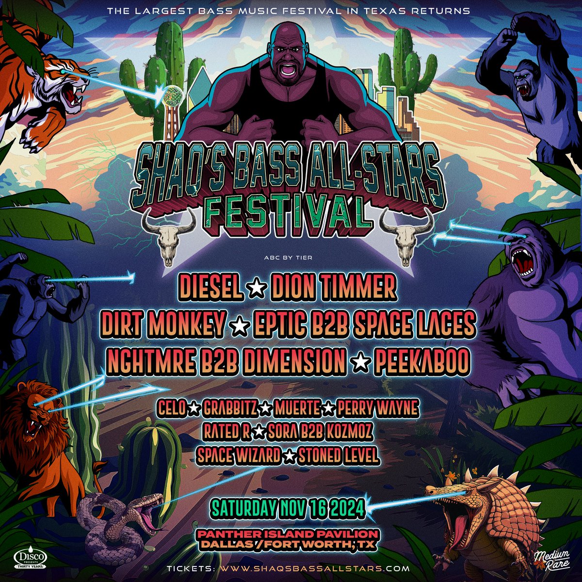 I’m bringing back my own festival "SHAQ’S BASS ALL STARS: FESTIVAL," on November 16th to Panther Island Pavilion in Dallas/Fort Worth! 

Get ready for year two of the largest bass festival in Texas, featuring 2 stages and 16 of my favorite bass and dubstep acts—all handpicked by