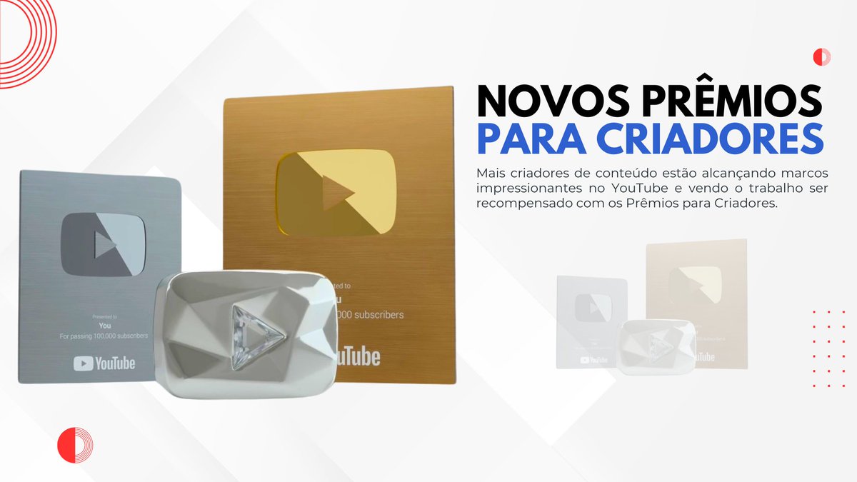 HigorBourges's tweet image. 🚨Mudança nos Prêmios do YouTube!

A partir de agosto de 2024, as placas de Prata, Ouro e Diamante do YouTube serão redesenhadas, mantendo o mesmo design e requisitos, porém menor.

Essa mudança acompanha o crescimento contínuo de criadores com cada vez mais inscritos.